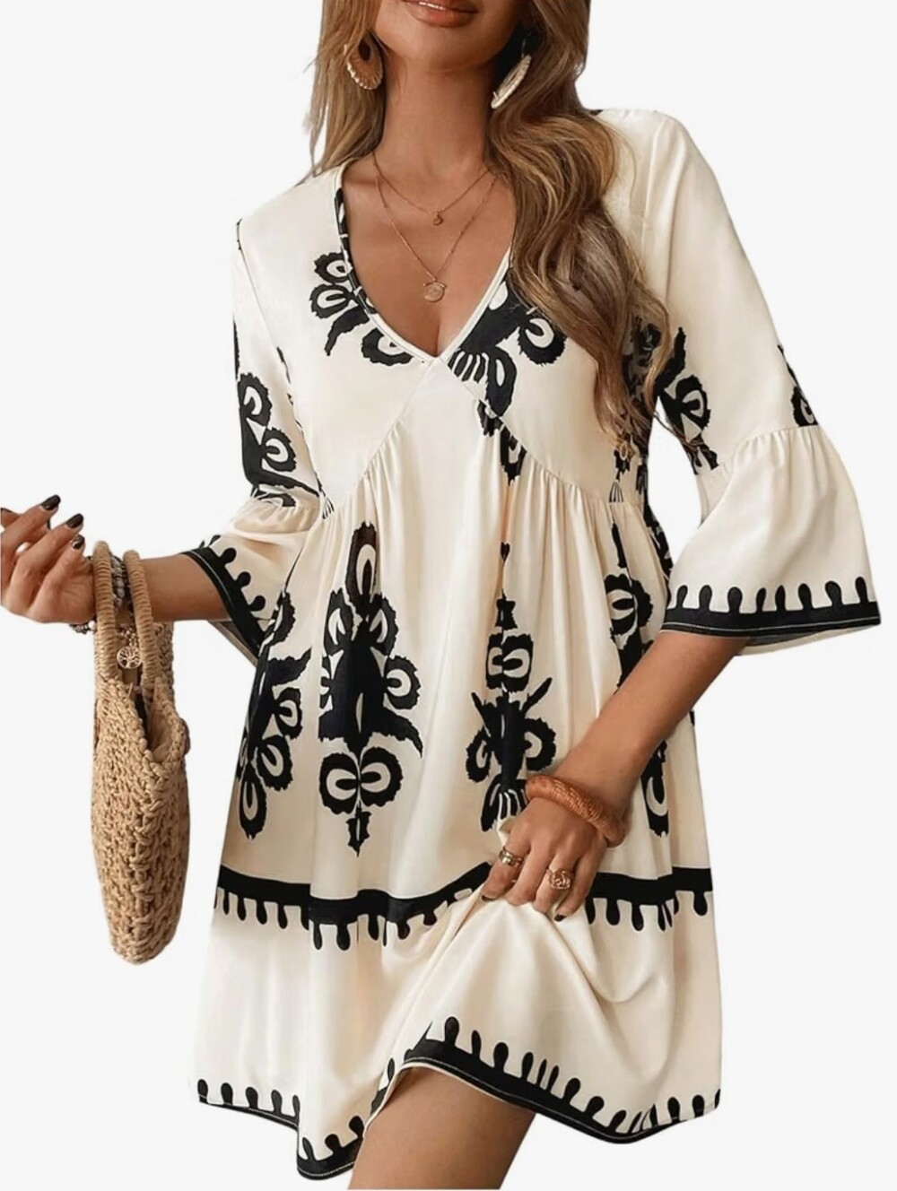 Graphic Boho Dress Ruffle Sleeve V Neck Flowy Dress